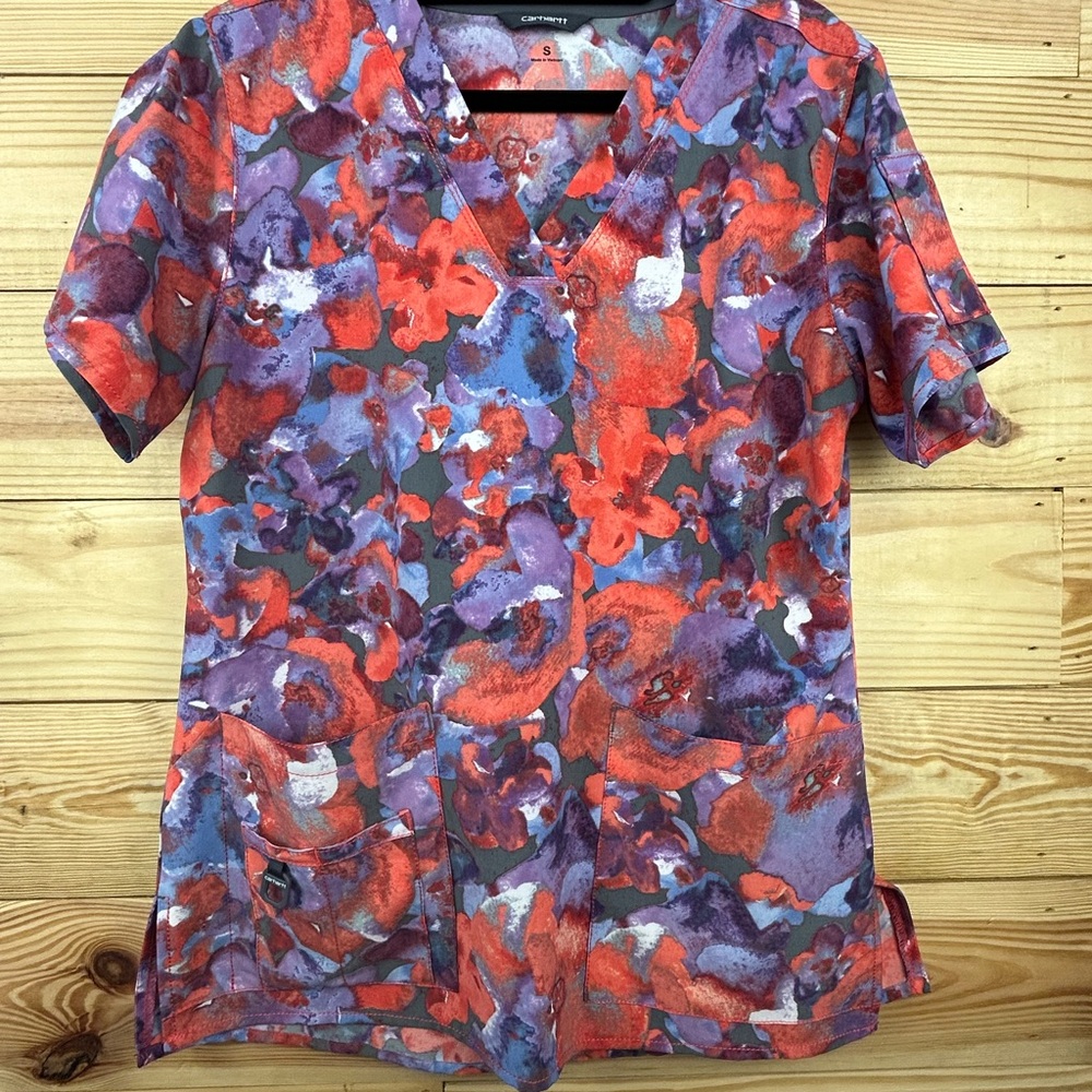 Carhartt Multicolor Floral Print V-Neck Scrub Top - Red, Purple, Blue